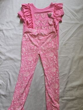btween Pink Heart Ruffle Top with Floral Leggings Pajama Set